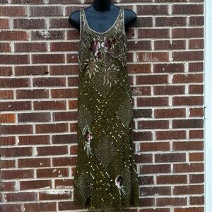 Michelle’s At The Ritz Silk Beaded Sequins Green Floral Long Evening Dress Sz S
